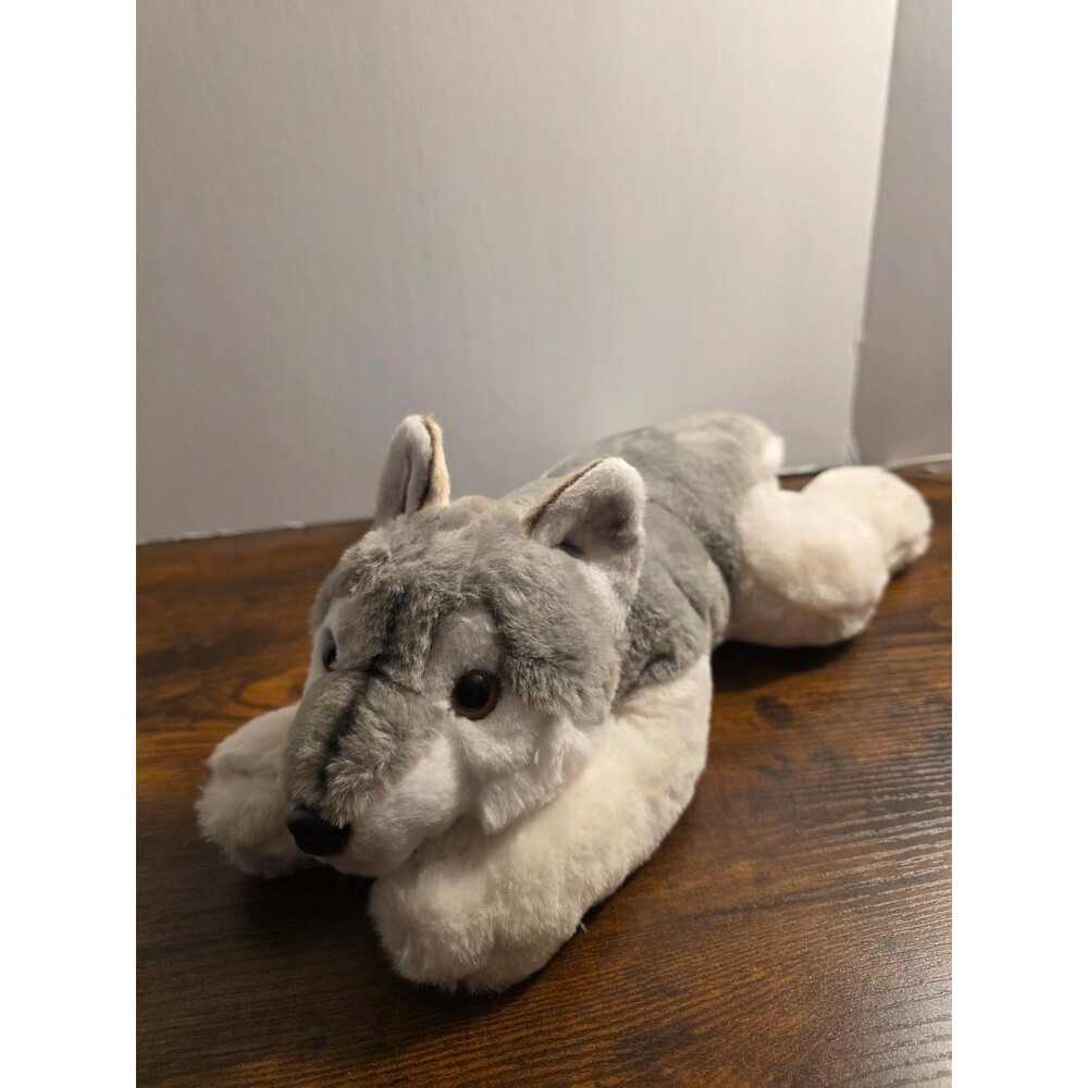 FAO Schwarz Adopt-A-Pet Toy Plush Wolf Husky Dog Laying White Gray 16”